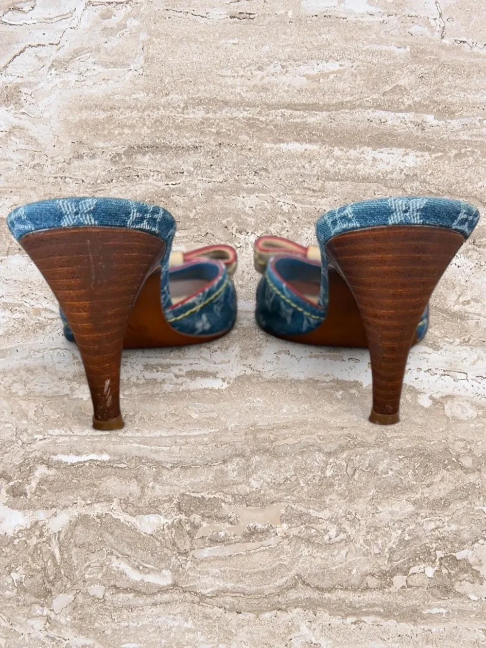 RARE Louis Vuitton Denim Monogram Bow Kitten Heel Mules Sandals Slides & Box - Picture 5 of 7
